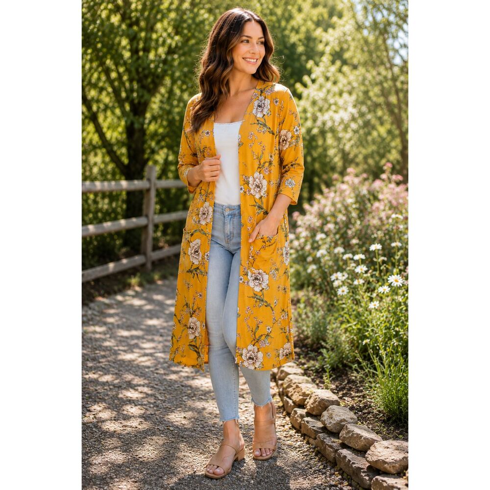 LuLaRoe Sarah Cardigan Large Yellow Floral Duster Open Front Pockets Boho NWT